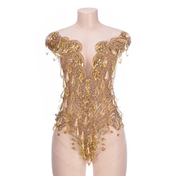 FZD 1 PCS Handmade Gold Bodice Applique on White Mesh Sew on Rhinestones Patches Appliques and Patches for Wedding Evening Dress