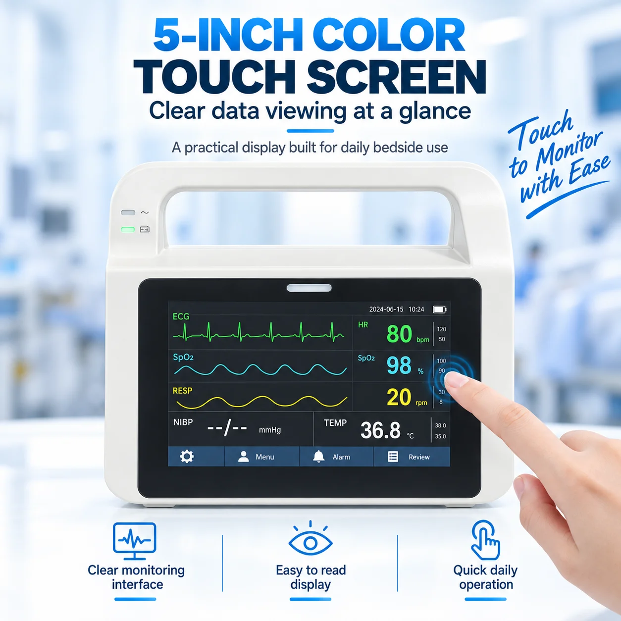 Resoxy E5 Multi Parameter Patient Monitor ECG SpO2 NIBP RESP TEMP Vital Signs Monitor 5 Inch Touch Screen Portable Device