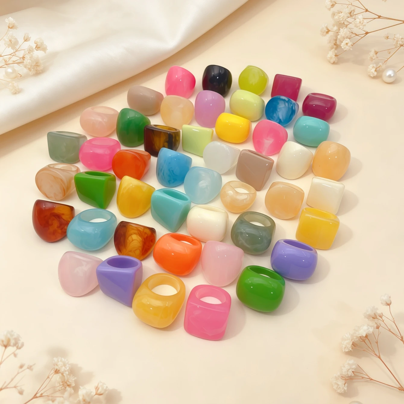 10/15/20/30/50/100Pieces Fashion Colorful Glossy Transparent Geometry Resin Rings For Women Mix Style Simple Jewelry Party Gifts