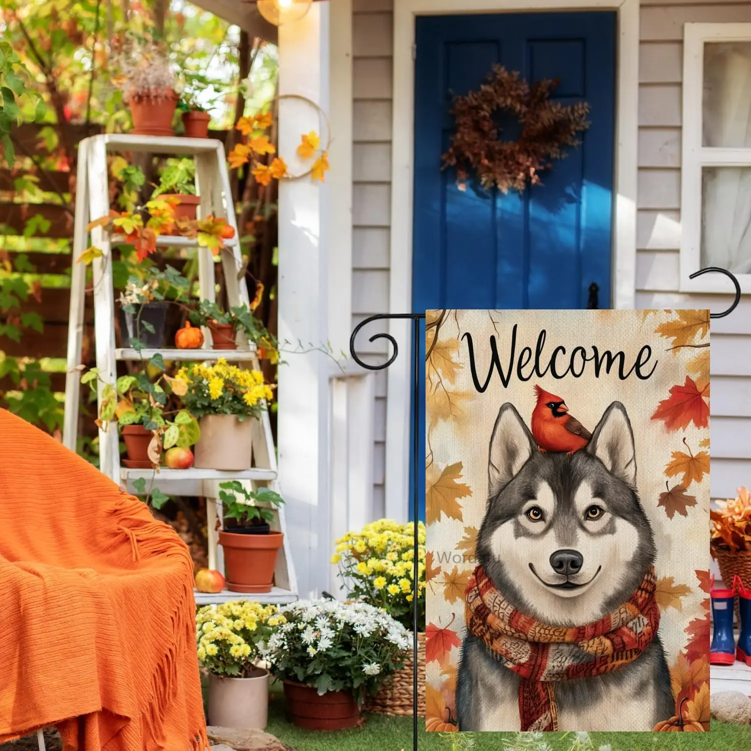 Funny Husky Garden Flag Welcome Autumn Maple Leaves With Pumpkin Red Bird 12x18 Inch Double Sided for outside Welcome Fall F yyi