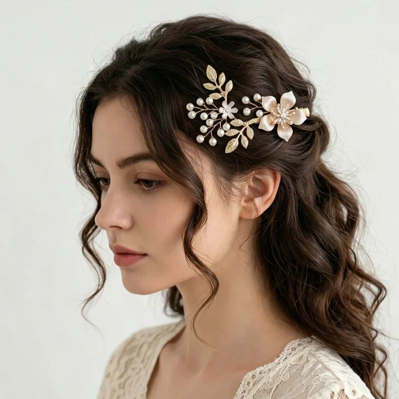 1pc Bridal Pearl Flower Hair Clip Gold Tone Leaf Barrettes Wedding Party Prom Updo Hair Piece Elegant Women Hair Accessories