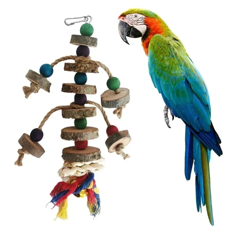 Parrot Chew Toy With Hook Colorful Wooden Beads Ropes Natural Blocks Tearing Toys for Small Medium Birds Mini Macaw Bird