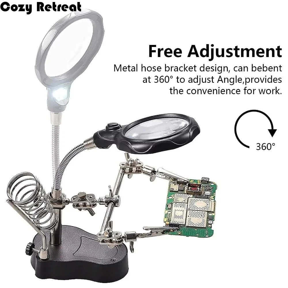 Loupe de bureau 3,5X 12X avec lumière LED, pinces crocodiles, base stable, pour réparation de puces et soudure