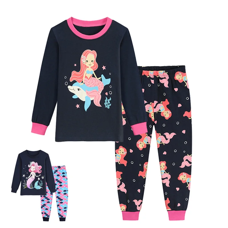 Little Hand Girls Two Piece Loungewear Lovely Mermaid Printed Cotton Long Sleeve Top+Pants Set Sleepwear Nightwear for 2‑7 Years