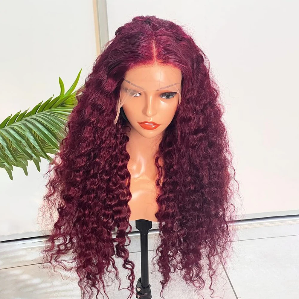 99J Burgundy Deep Wave 13x6 Transparent Lace Frontal Wig 200 Density Red Colored Water Wave Curly Human Hair Wigs Pre Plucked