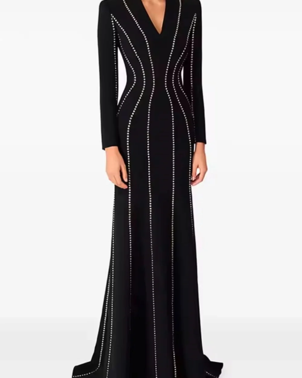

Customized Black Matching Exquisite Jersey Rhinestone Mermaid V-neck Long Dresses for Woman Evening Dresses High Quality Modest