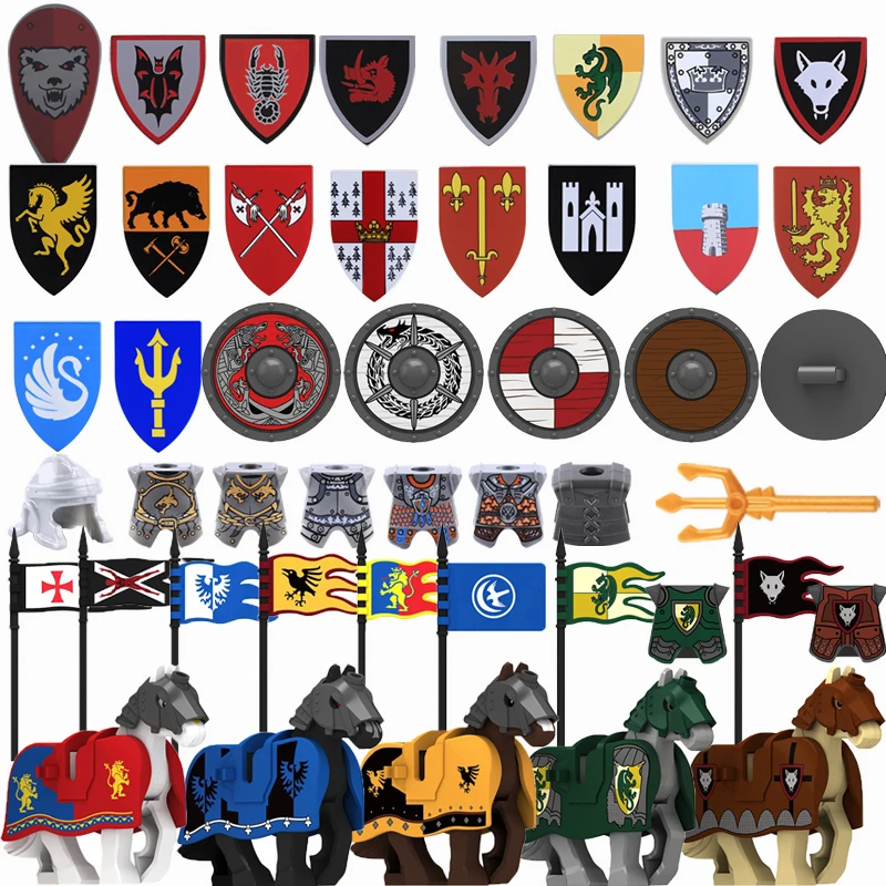 MOC Medieval Military Castle Weapon Building Blocks Lion Black Eagle Knight Shield Helmet Armour Flag War Horse Bricks Toys Boys