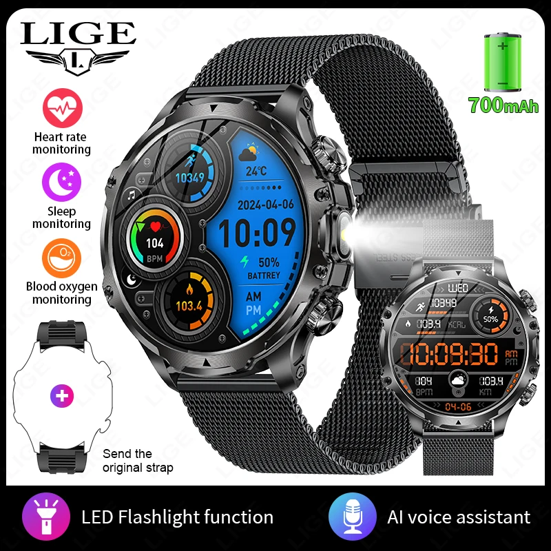 LIGE Smart Uhr Männer Taschenlampe 1,9 zoll 416*416HD Bildschirm Im Freien Sport Fitness Tracker 700mah Große Batterie BT anruf Smartwatch 7