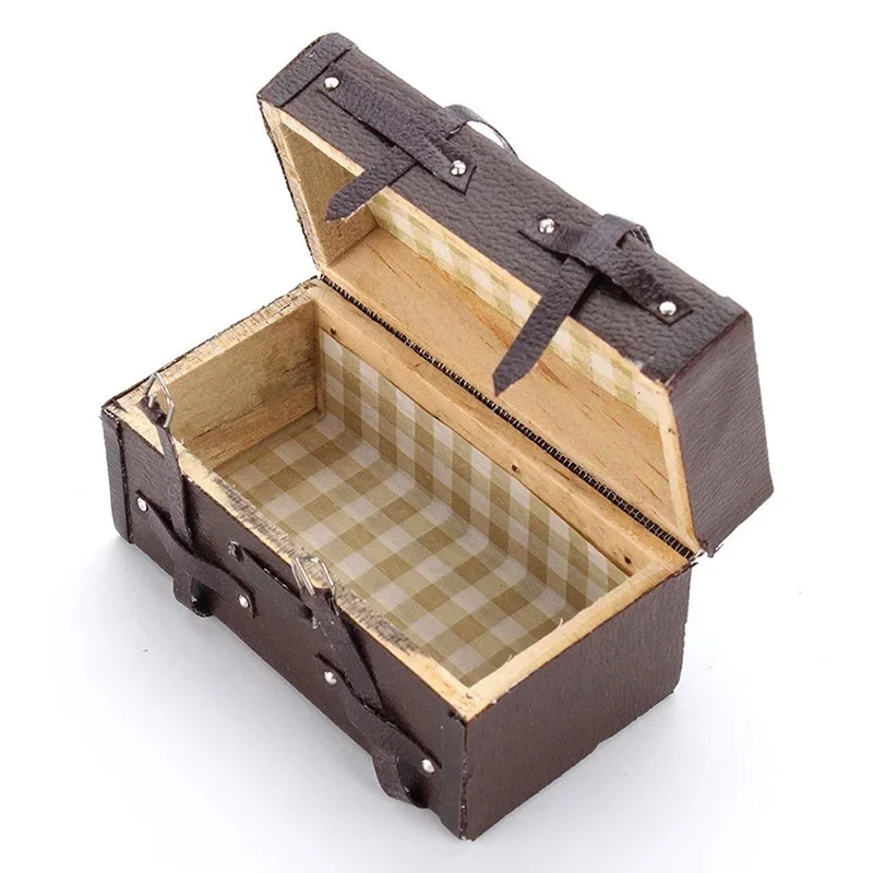1/12 Dollhouse Miniature Vintage Leather Wooden Suitcase Mini Luggage Storage Box Dollhouse Furniture Accessory Decor