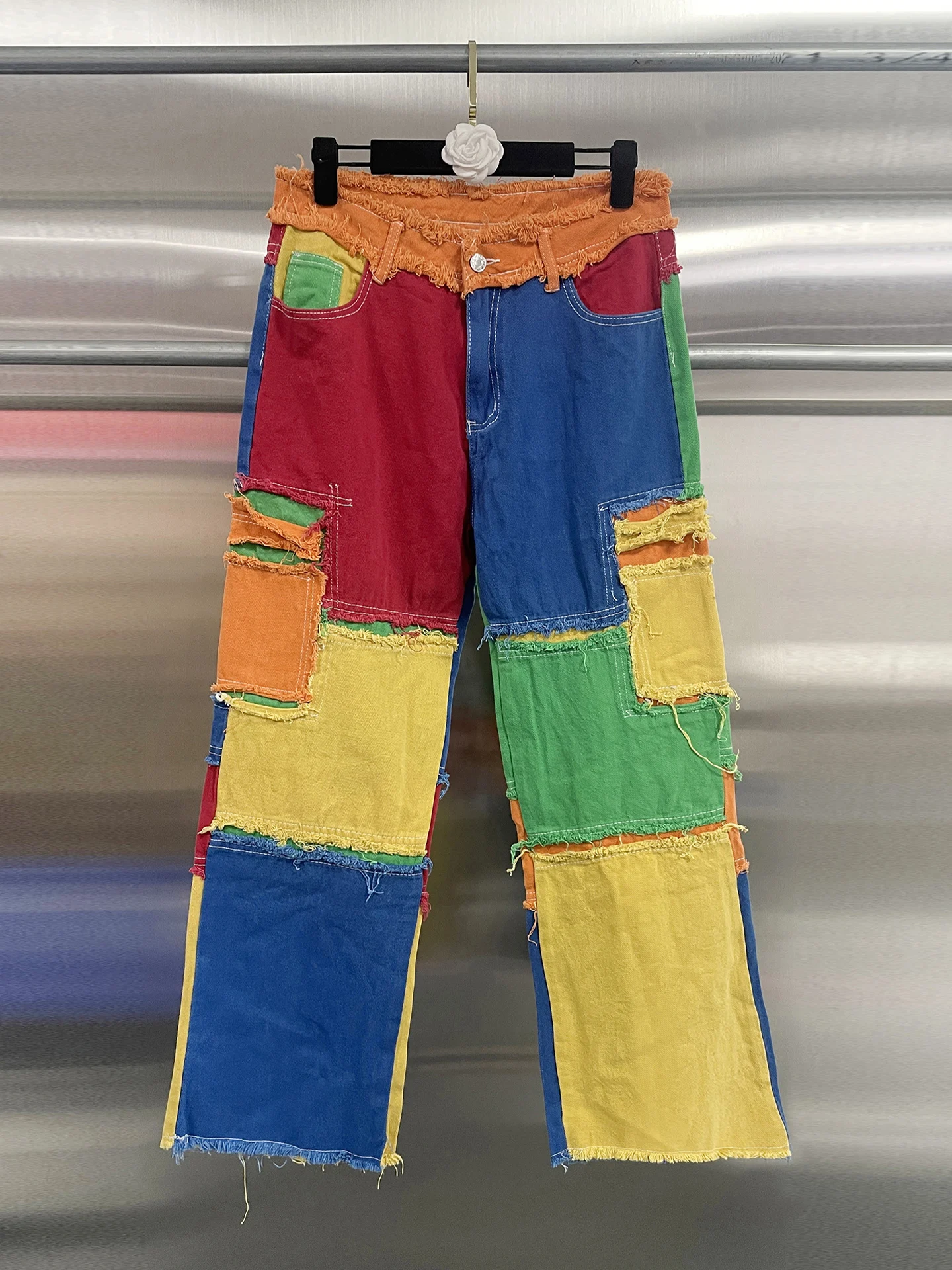 High Street Denim Pants Women's Dazzling Patchwork Contrasting Straight Leg Frayed Edges and High Waisted Jeans Pants