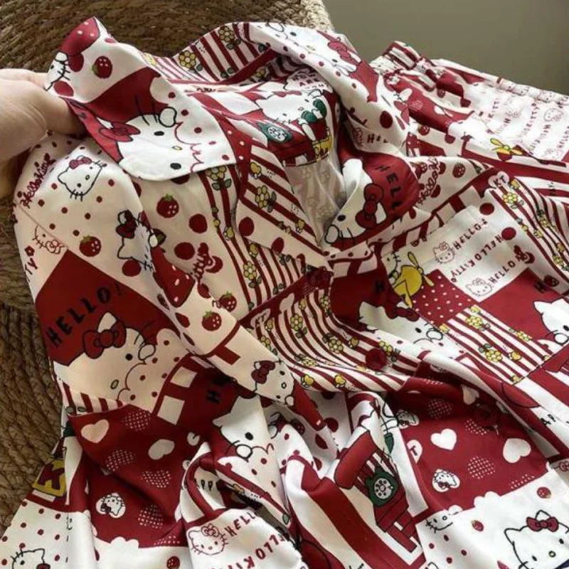 

Комплект пижам Sanrio Hello Kitty Strawberry Pearl Hello Kitty, женская домашняя одежда с героями мультфильмов, летняя одежда с короткими рукавами и длинными брюками, модный наряд