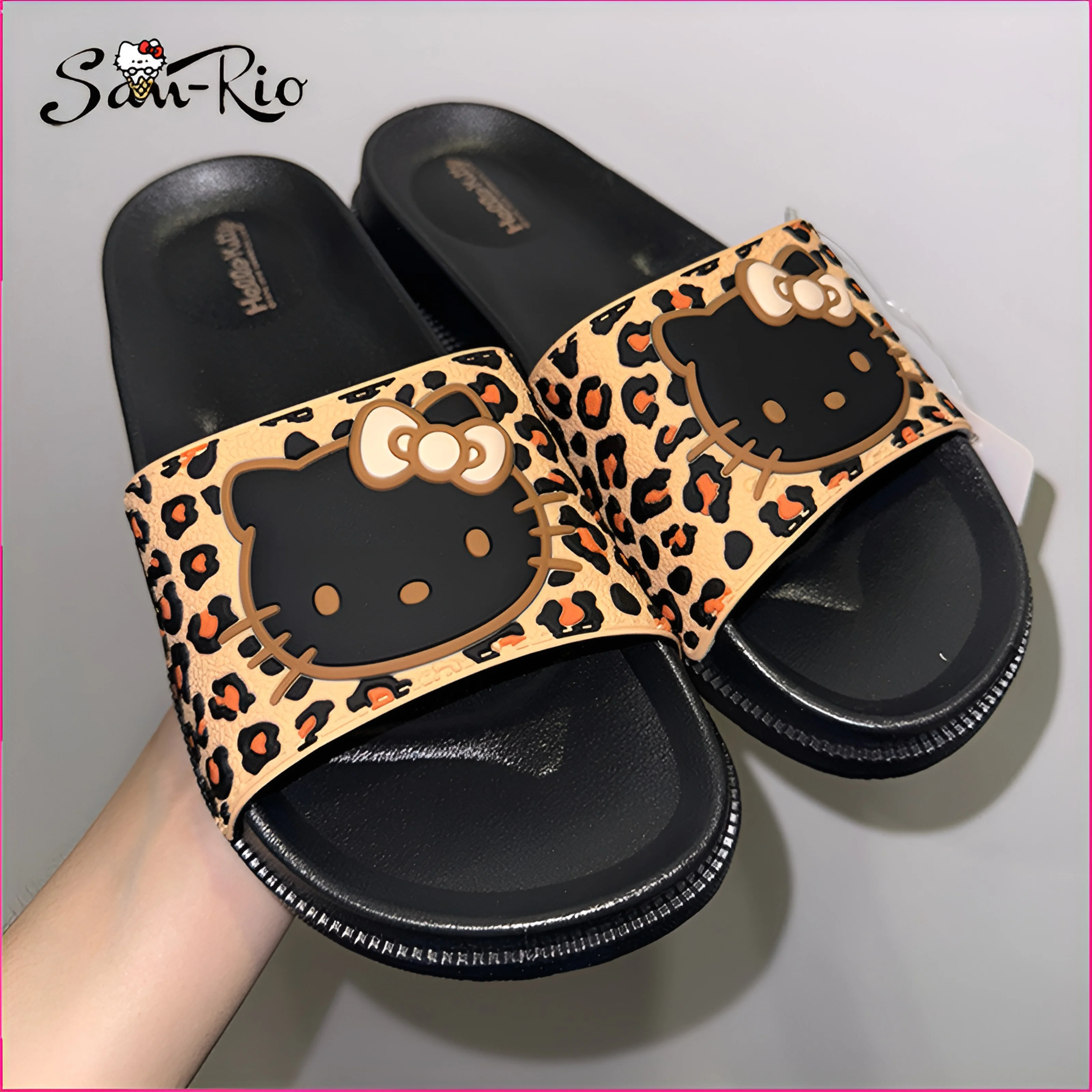 

Шлепанцы Hello Kitty женские, Нескользящие мягкие сандалии с мультяшным принтом, домашняя обувь, леопардовые Тапочки для пар, на лето