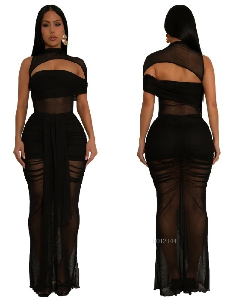 여성용 반팔 컷아웃 메쉬 러플 바디콘 미디 맥시 롱 드레스 2025 휴가 섹시 파티 베스티도 드레스