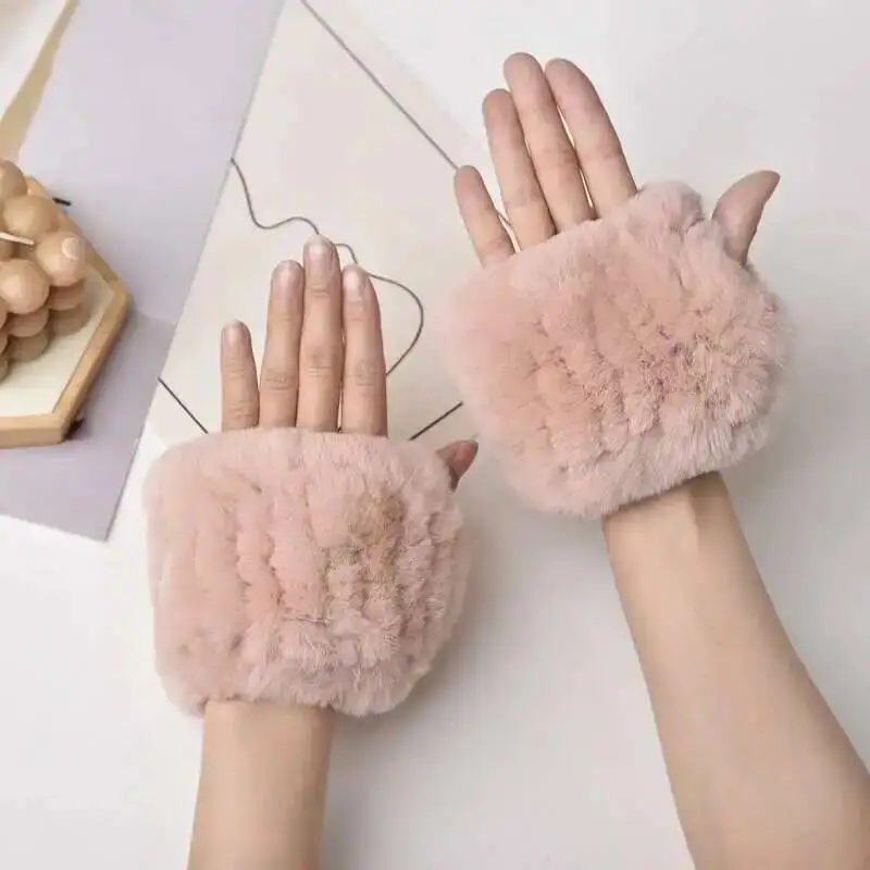 Real Rabbit Fur Half Finger Gloves For Women Winter Elastic Wrist Guard With Fur Warm Handmade Natural Fur Fingerless Gloves