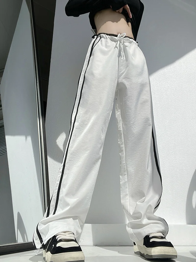 American Style Casual Pants Women's Loose Lightweight Trousers Color Block Weave Belt Straight Leg Low Waist Long Pants