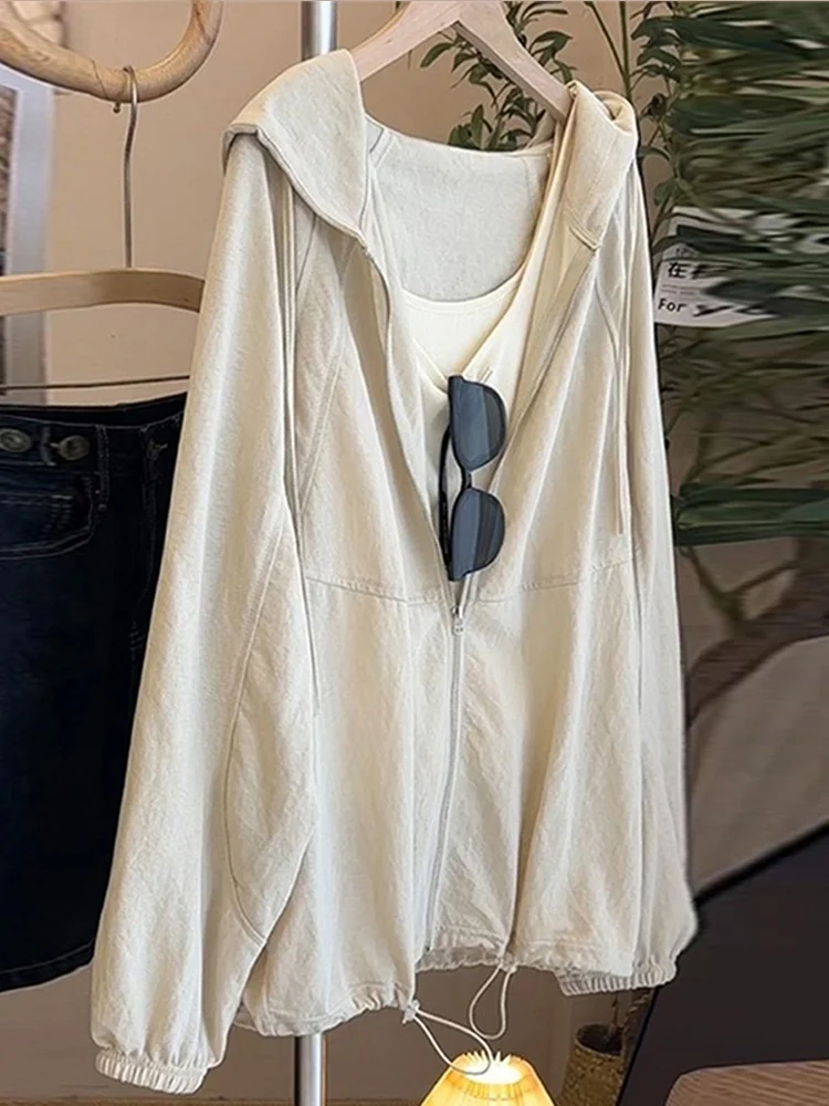 Summer Long Sleeve Women's Sun Protection Outerwear Coat Loose Slimming Hooded Drawstring Cardigan Anti-Uv Top Fashionable Ca...