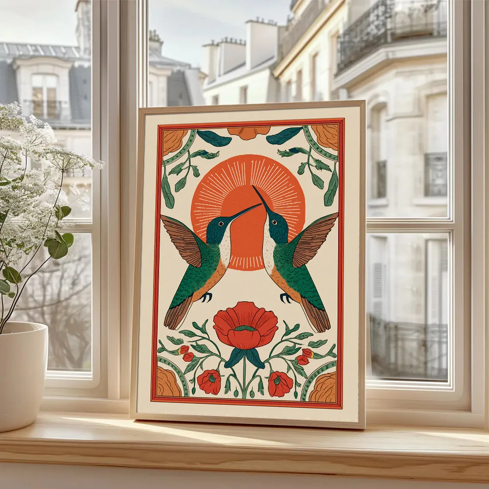 1pc Unframed Boho Floral Hummingbird Folk Art Vintage Wall Poster Canvas Print Scandinavian Sunrise Bird Farmhouse Decor Rustic