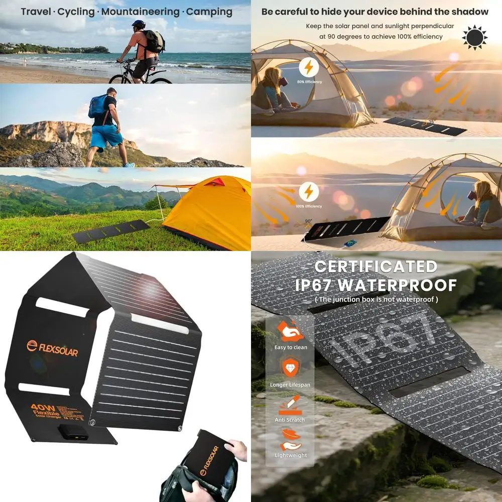 40W Portable Solar Panels with PD2.0 USB-C, QC3.0 USB-A, and DC Outputs - Waterproof IP67 for Camping and Power Supply