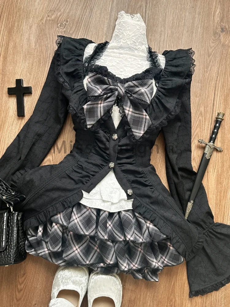 2000s American Vintage Suits Women Design Black Shirts Long Sleeve Cardigan + High Waist Plaid Skirt 3 Piece Suit Korean Fashion