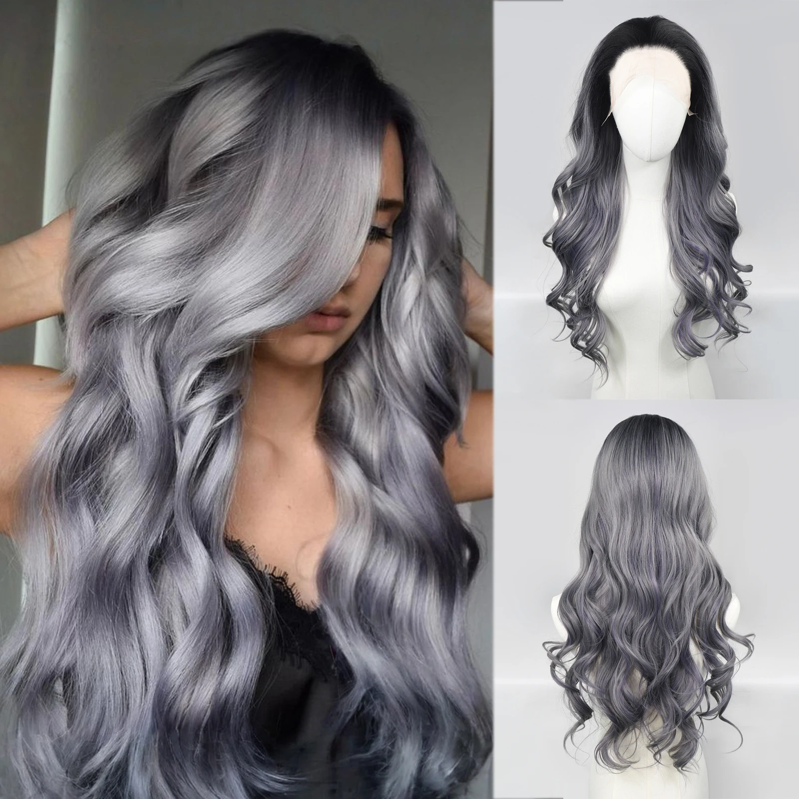 

Women's 24Inch Long Curly Wavy Silver Gray Synthetic Lace Front Wigs With Dark Roots 13x4Inch Free Part Heat Resistant Fiber Wig