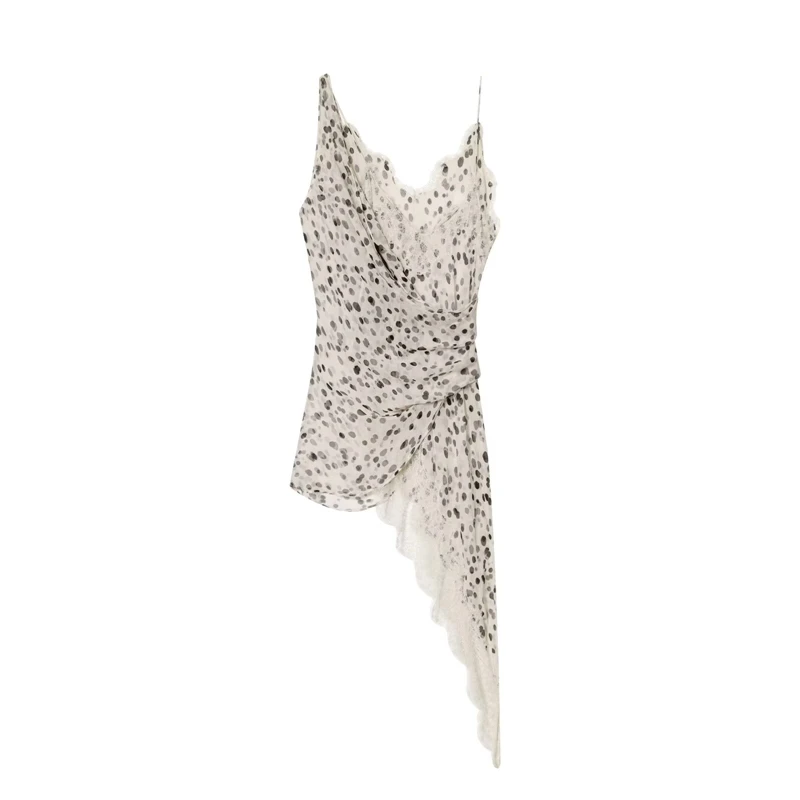 Asymmetrische cami-jurk met stippen en kanten rand voor dames - Mini-jurk met spaghettibandjes en ruches met V-hals voor feest en avondje uit