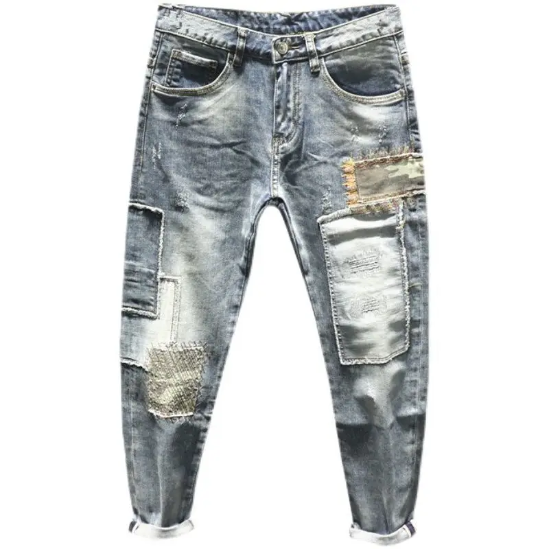 Harajuku Vintage Designer Fashion Men's Luxury Jeans Korean Style Casual Stretch Slim Fit Denim Hip-hop Patchwork Jeans for Men