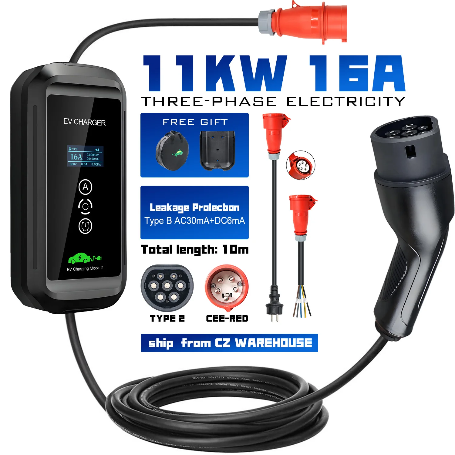 Kolanky Tragbares EV-Ladegerät 16A 11KW Typ B Schutzvorrichtung Heimladestation für EU-Elektrofahrzeuge 10M CEE Rote Steckdose zu Schuko-Stecker 0,5M, CEE Rote Steckdose mit 0,3M Kabel