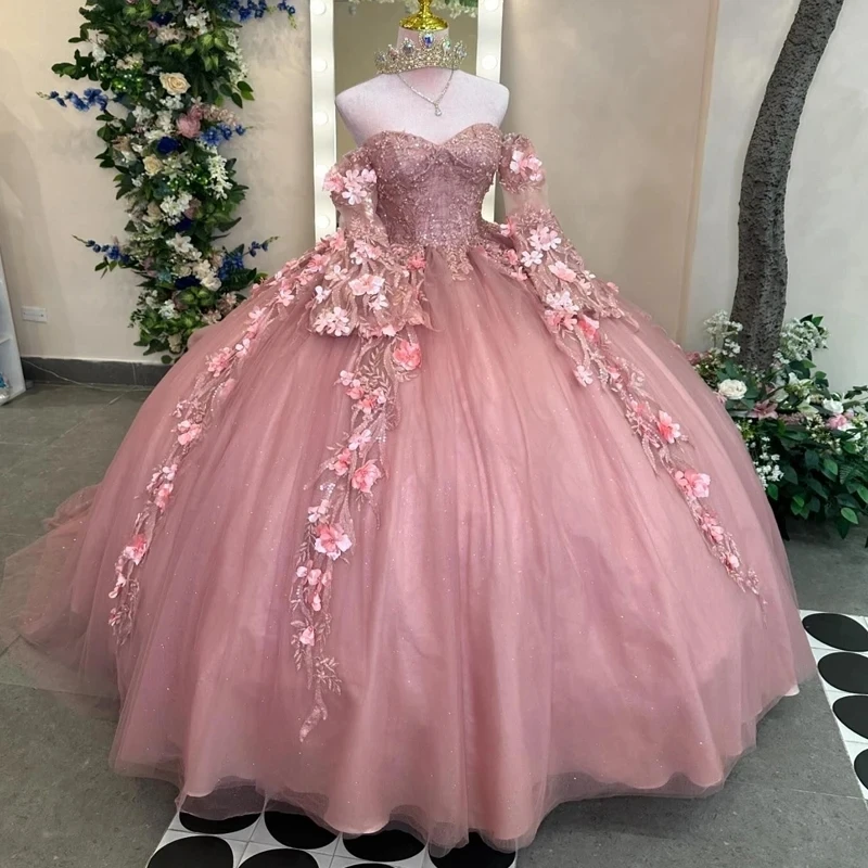 Rosa 3d Blumen Ballkleid lang ärmel ige Quince anera Kleider Applikationen Spitze Perlen Tull Korsett Vestidos de 15 Años