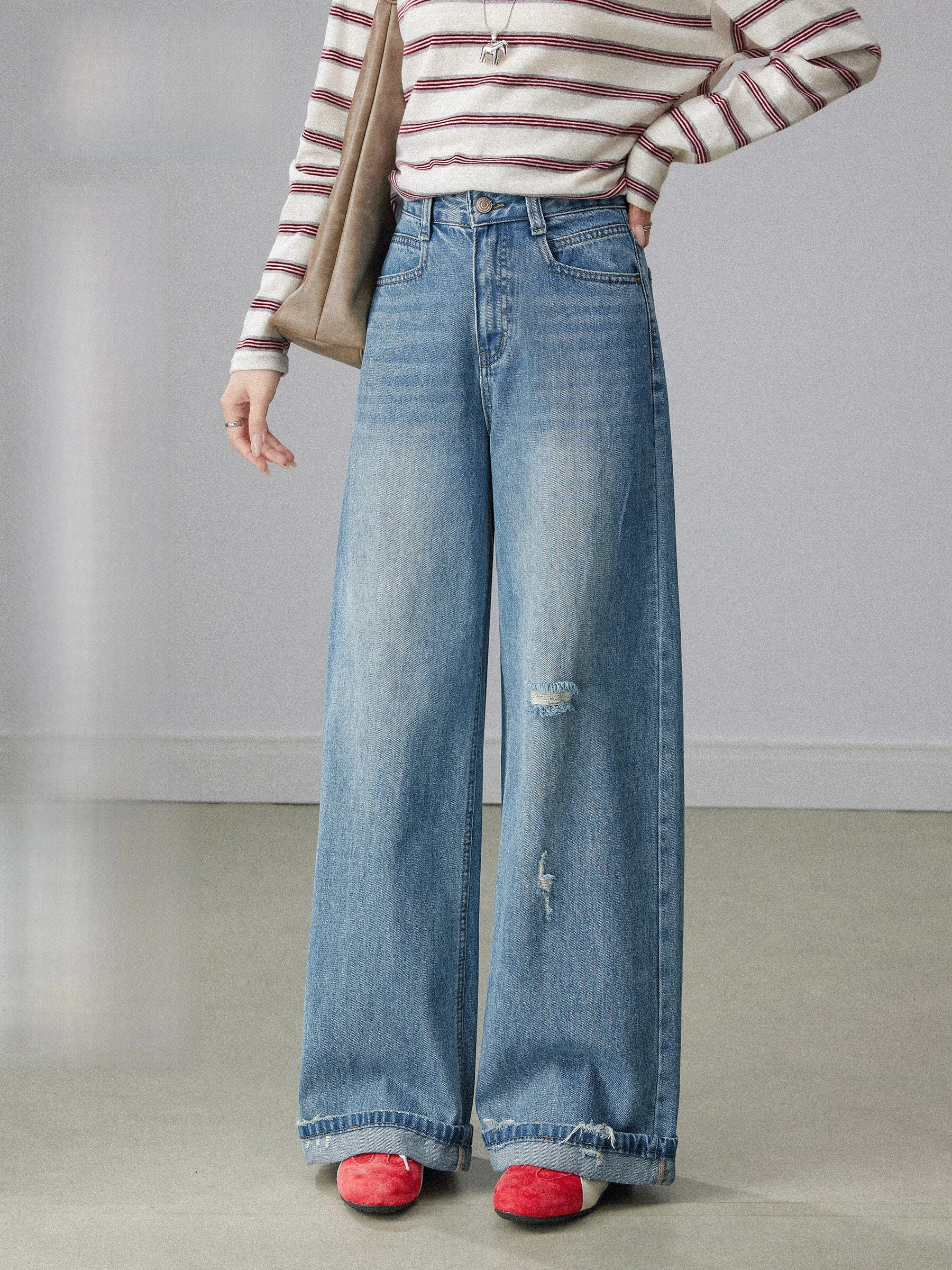 

Light Blue Vintage Ripped Wide Leg Jeans Women's High Waist Slimming Loose Straight Floor-Length Pants Spring Season