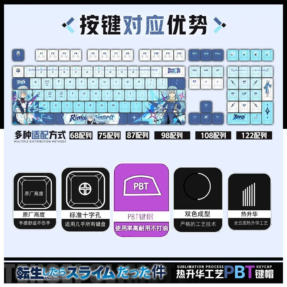 122 Keys Rimuru Tempest Keycaps Slime Cute Anime Game Chreey 2D PBT Transparent for Made68 Mad68 Wooting 60 Mechanical Keyboard