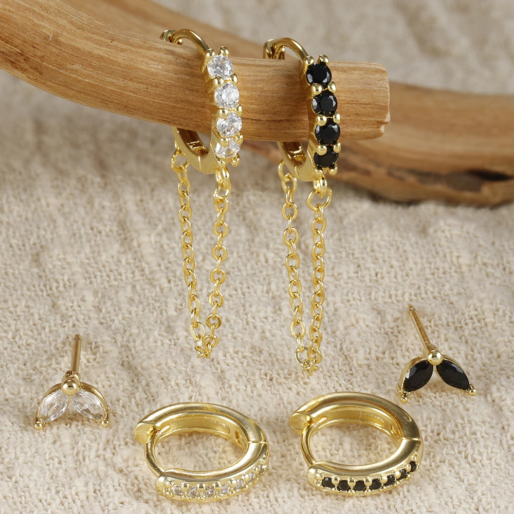 3PCS Classic 18K Gold Plated Zircon Chain Hoop Earrings Set For Women Gothic Chic Gold Color Earring Luxury Jewelry Accessories