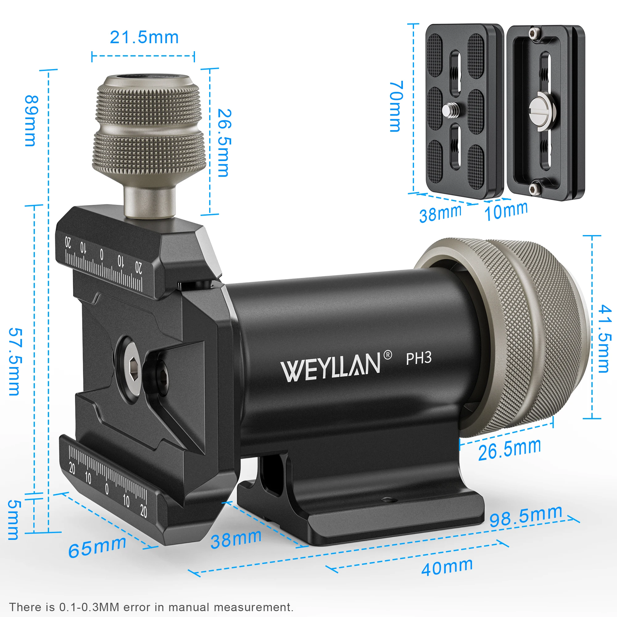 WEYLLAN PH3 짐벌 헤드, 카메라 모노포드 삼각대용, 사이드 새들 틸트 헤드, Arca Swiss 플레이트, 하중 10kg
