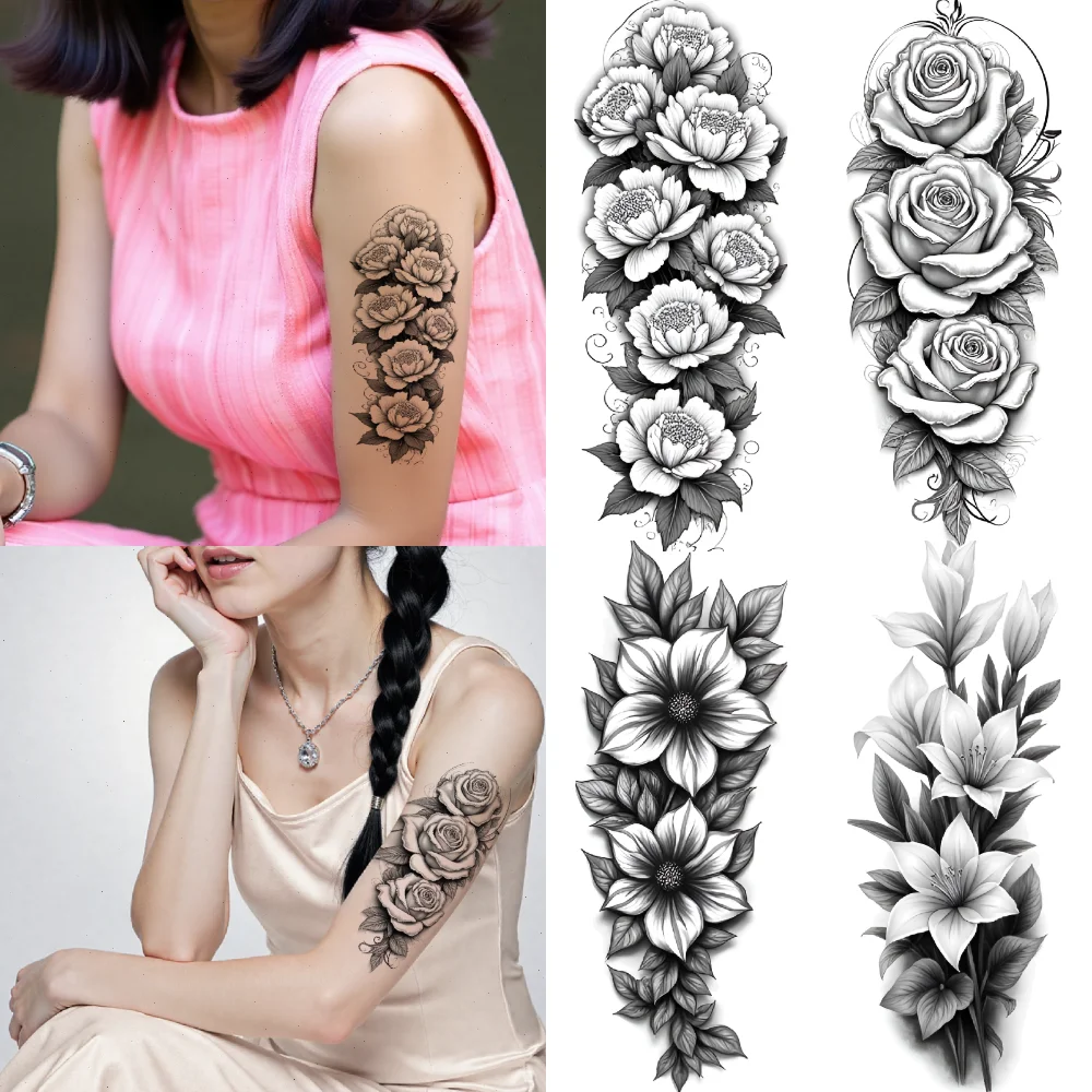 

3pcs Temporary Tattoo Flower Tattoos Black And Grey Realism Floral Art Realistic Temporary Tattoos For Arms Back Shoulders