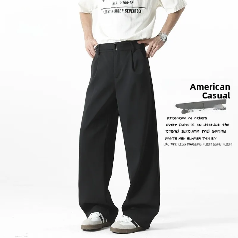 

Повседневные брюки из ледяного шелка для мужчин, летние тонкие драпированные брюки Qui Dry, спортивные свободные длинные брюки, прямые брюки с эластичной резинкой на талии