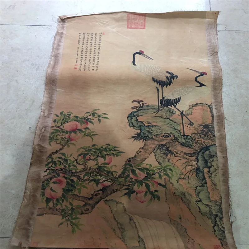 

China Old Scroll Painter's Rice Paper Wall Art Slice Shen Quan - Peach and Fairy Crane Picture Traditional Asian Decor