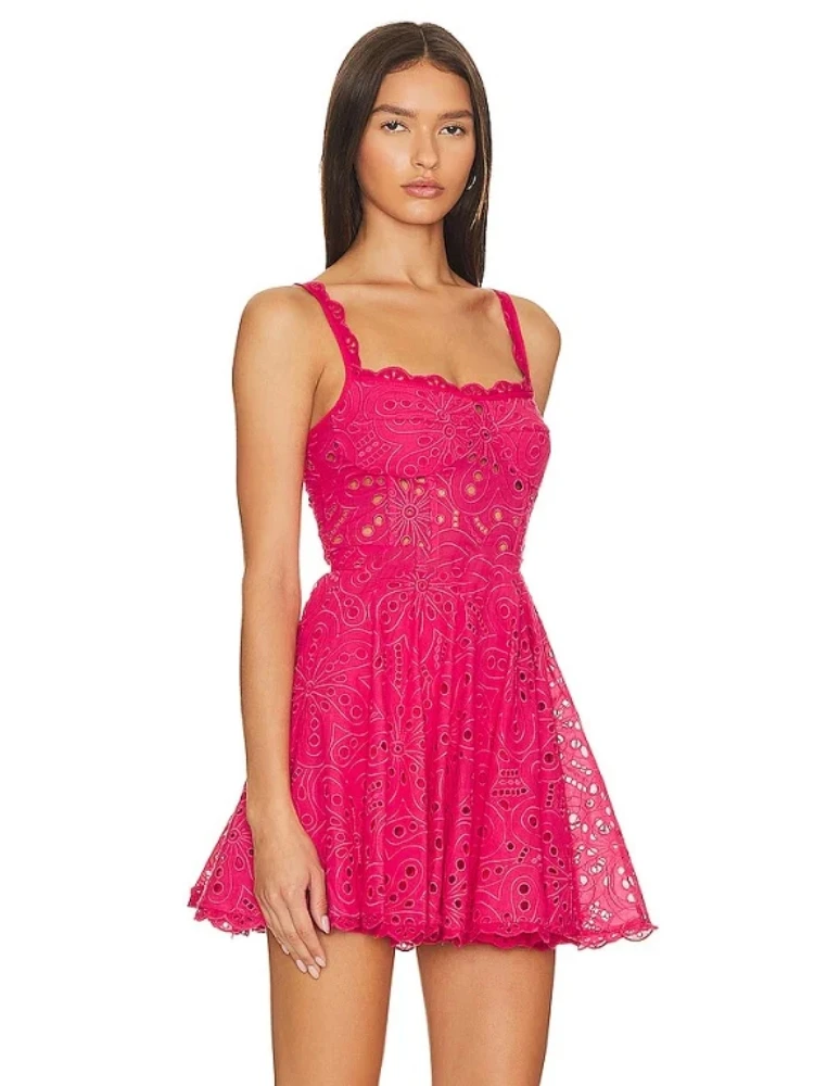 Summer Sexy Sleeveless Embroidery Hollow Out Mini Dress Women White Lace Straps High Waist A-Line Dress Party Evening Sundress