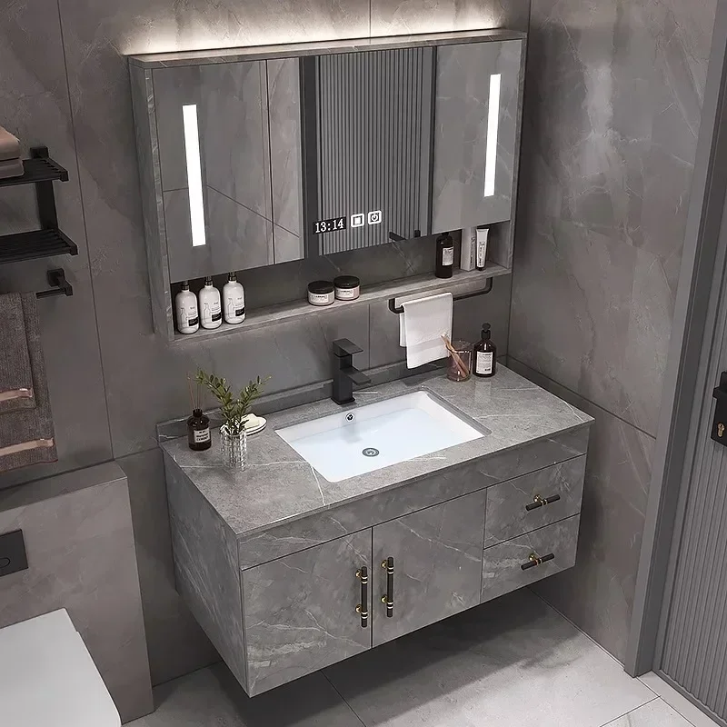 

Nordic Luxury Rock Plate Bathroom Cabinet Modern Simple Smart Mirror Cabinet Vanity Sink Home Furniture Мебель Для Ванной FYBC