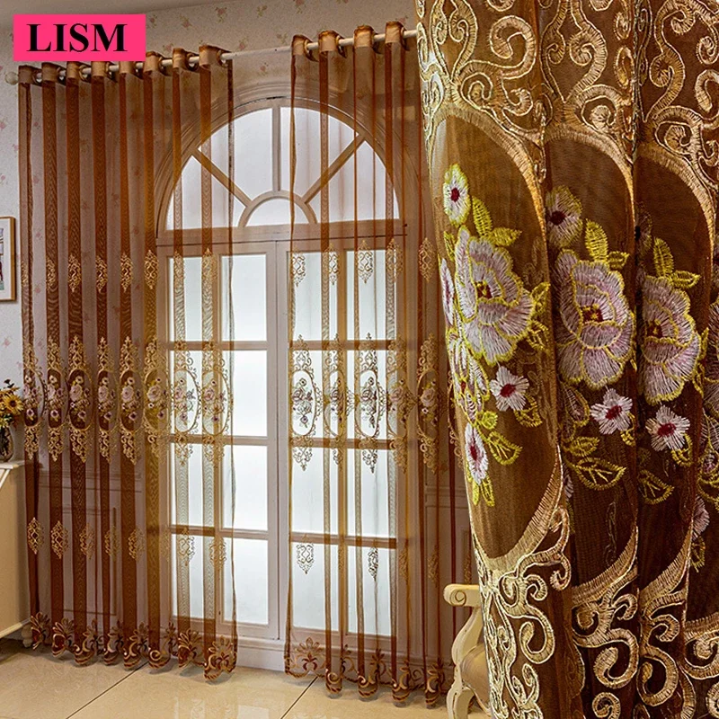 

European Luxury Embroidered Curtains for Living Room Bedroom Dining Heat Insulation and Blackout Decor Custom Coffee White Tulle