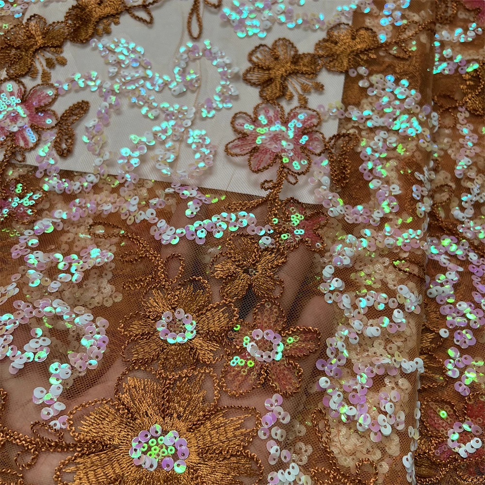 

2026 High-Quality African Nigerian Sequins Cotton Embroidery Lace Fabric Tulle for Luxury Wedding Party Dress Chiffon 5 Yards