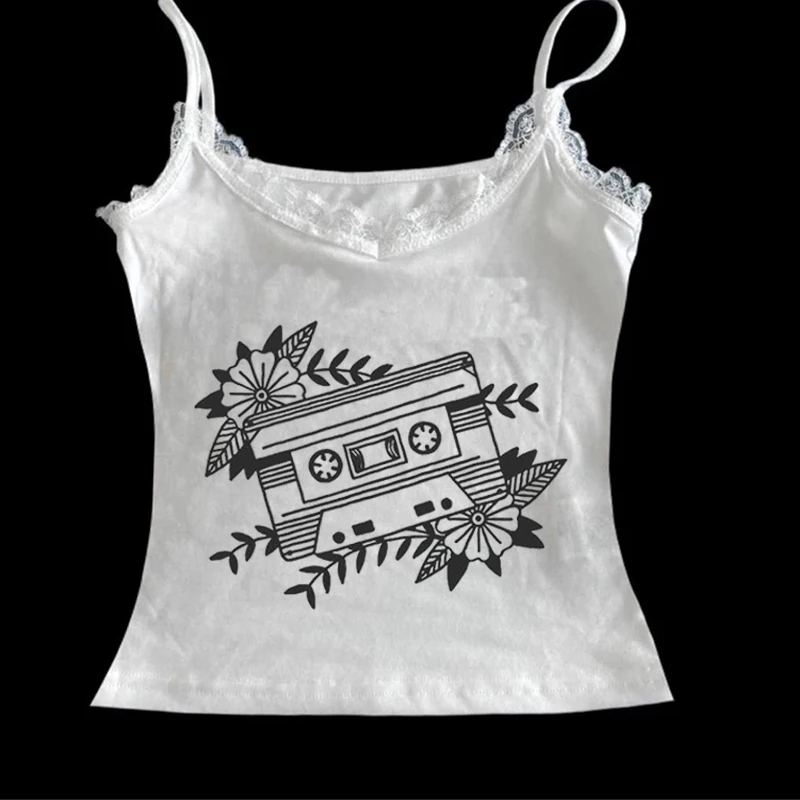 

Summer camisole fashion retro vest gothic print hand-painted pattern striped loose casual punk top Y2k clothing