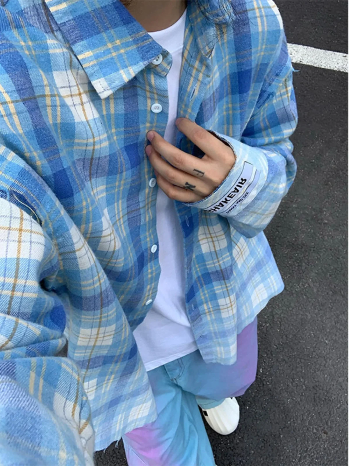 

Blue Plaid Slim Fit Men's Shirt Youthful Trendy Spring Summer Casual Wear Couple Outerwear Breathable Comfortable Long Sleeve