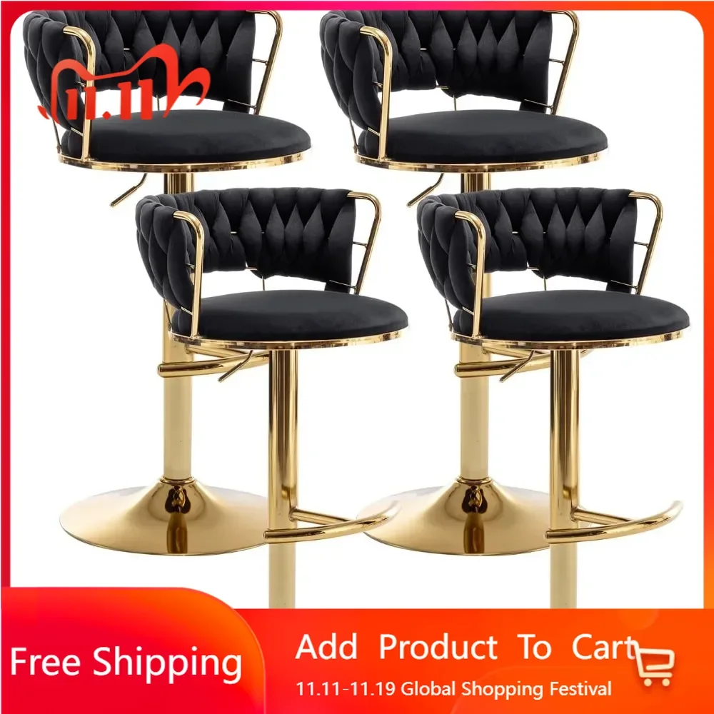 Bar Stool Set of 4, Counter Height Stools with Low Back, Velvet Adjustable Height Barstools, 360° Swivel Bar Stool