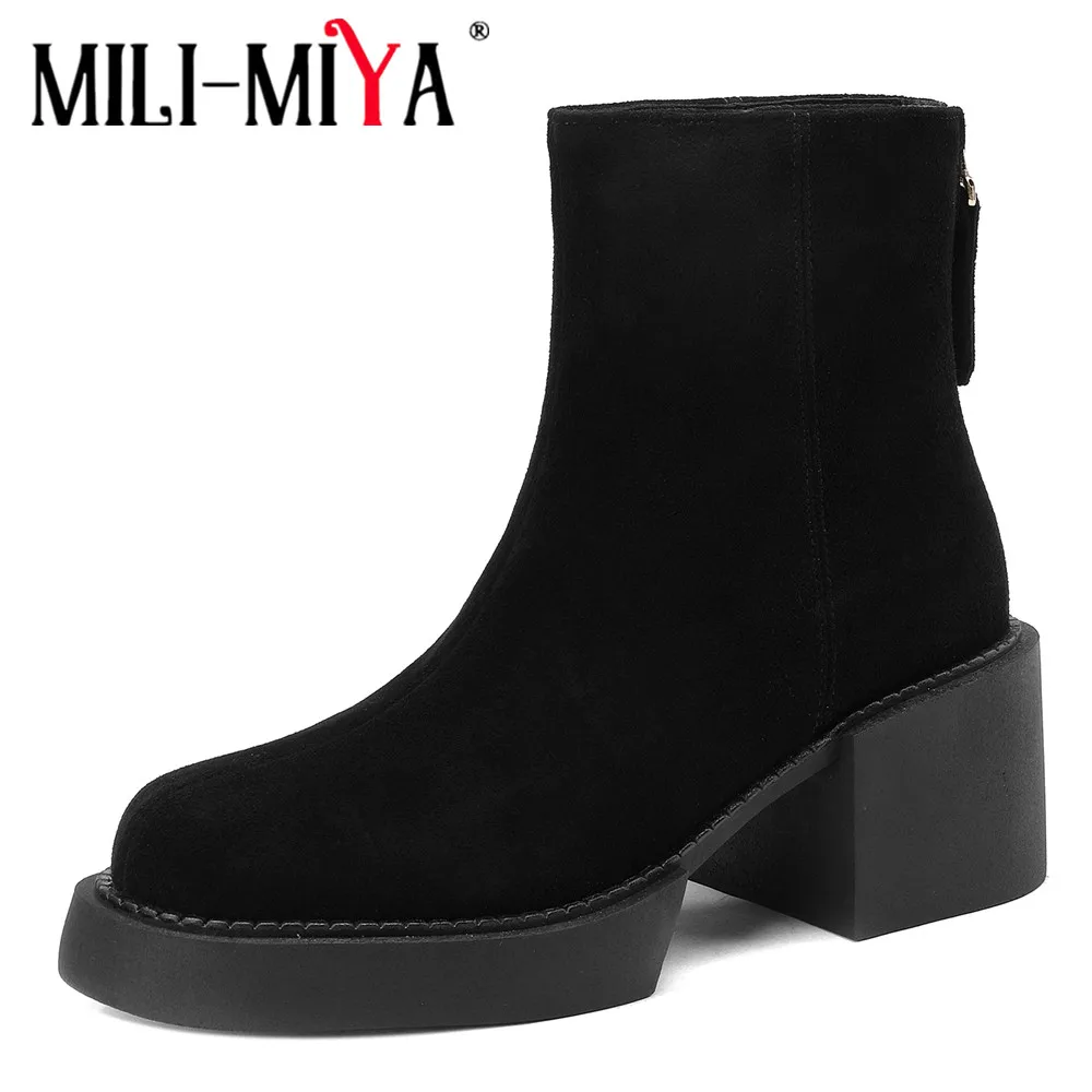 

MILI-MIYA Concise Design Women Cow Suede Ankle Boots Round Toe Thick Heels Middle Zippers Black Color Plus Size 34-41 Handmade