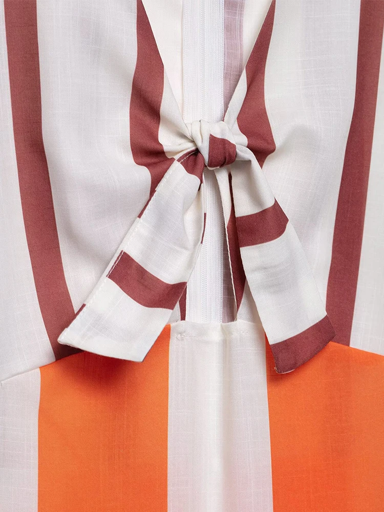 Europäischer und amerikanischer Stil, neue Damenmode, farblich abgestimmt, gestreift, Schlitz, Schleife, Dekoration, Puffärmel, V-Ausschnitt, langer Rock