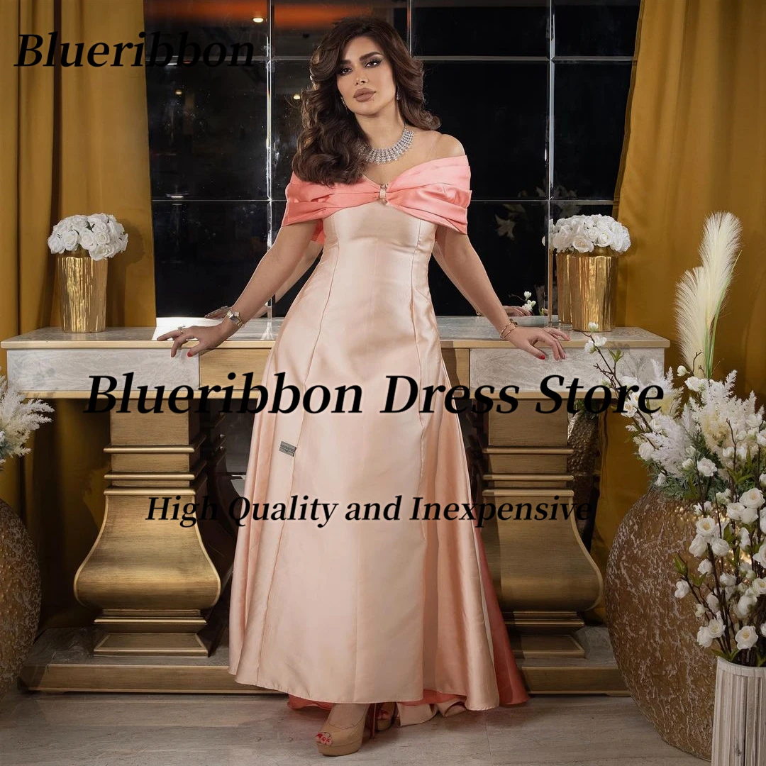 Blueribbon Satin A Line Long Prom Dresses Bateau Neck Sexy Back Formal Occasion Dress Women Wear Evening Party Bride Gowns