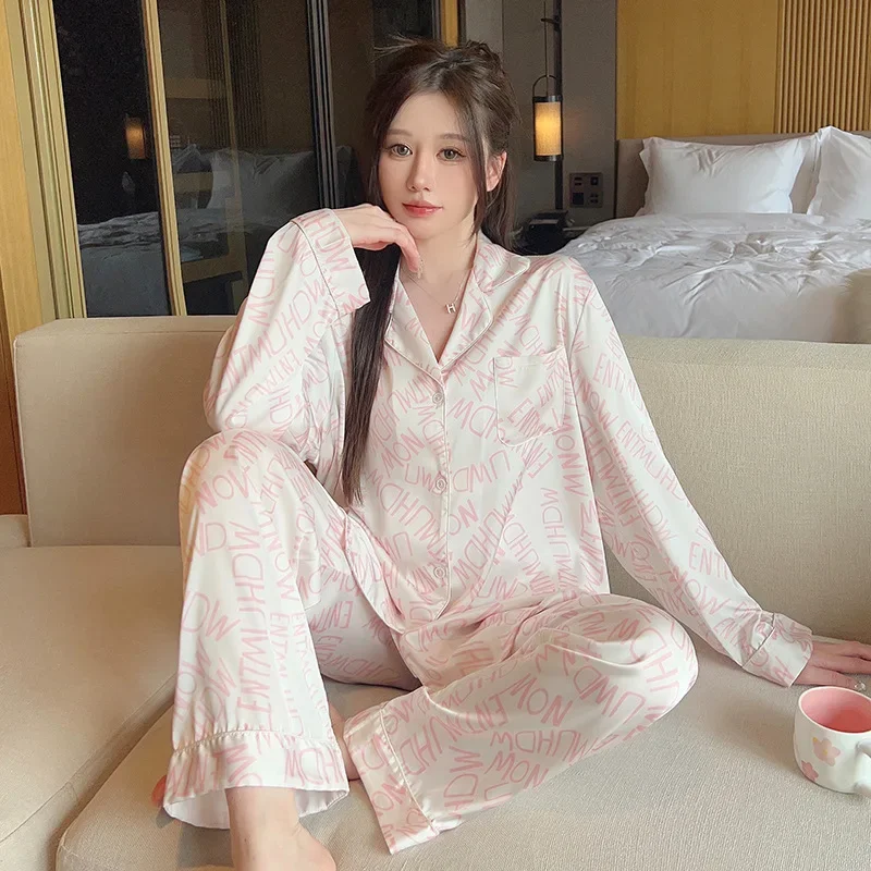 Plus Size Satin Pajamas Set Women Ins Ice Silk Long-sleeved Cardigan Trousers 2 Pieces Sleepwear Soft Comfort Female Loungewear