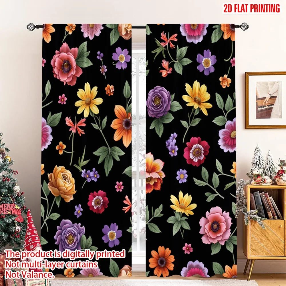 2pcs 2D flat printing Window Drapes Vibrant Floral Folk Digital Printed Polyester Drapes Festive Holiday for Festive Portraits