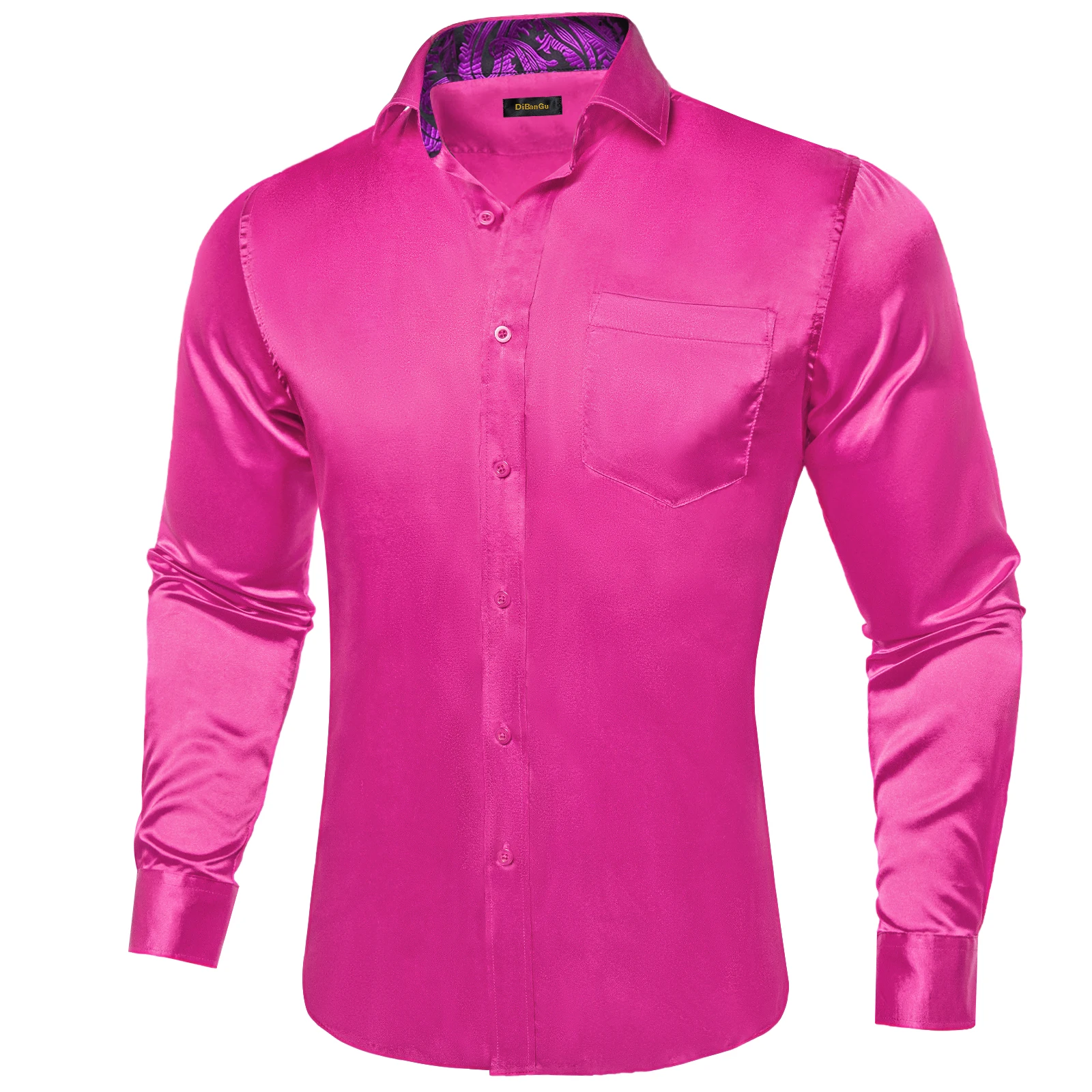 Hot Pink Designer Stretch Satin Shirts for Men Paisley Splicing Contrasting Colors Men Clothing Long Sleeve Men's Social Shirts