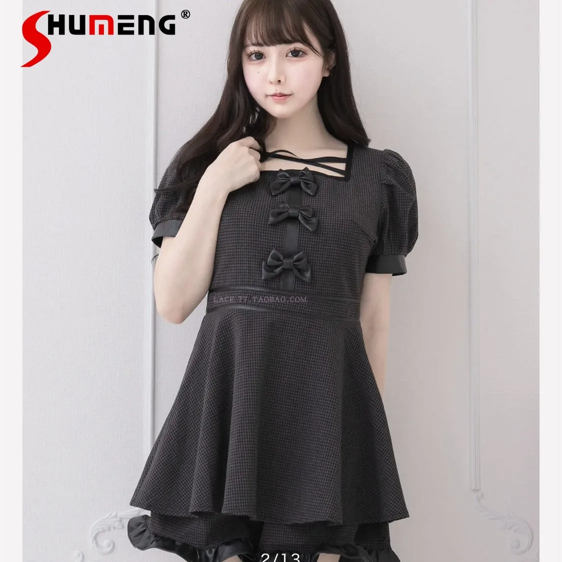 

Japanese Mine Style Sweet Cute Girl Set Square Neck Puff Sleeve PU Bow Mini Plaid Dress High Waist Shorts Two-piece Sets Women