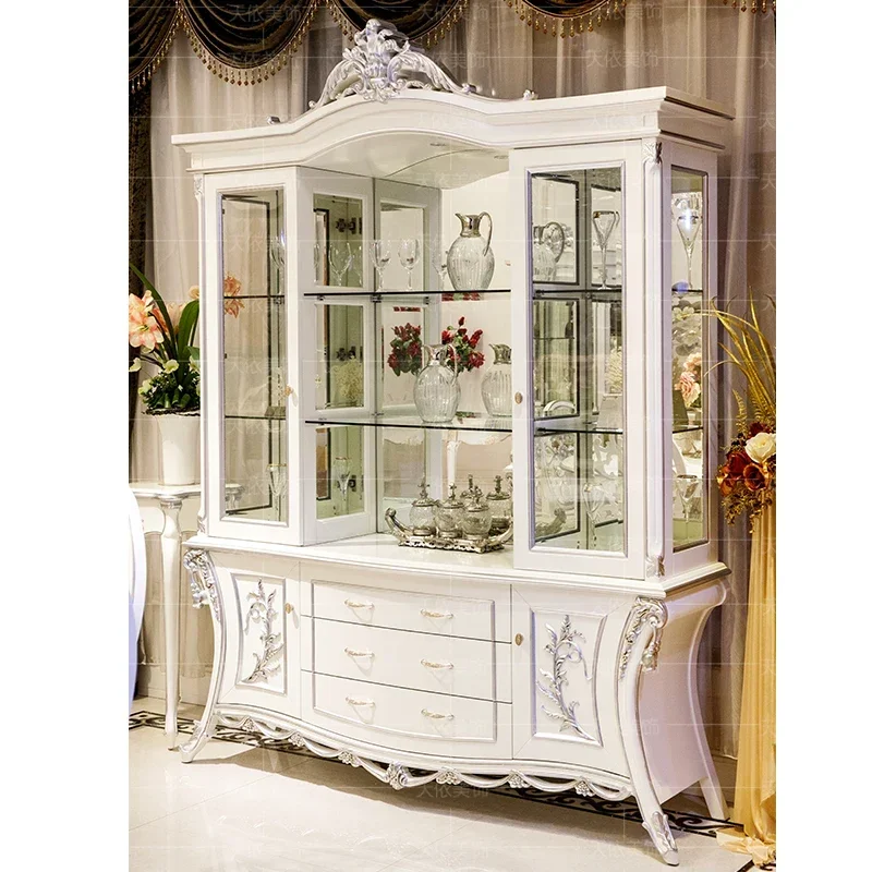 European painting silver solid wood living room white wine cabinet with lights luxury villa wine cabinet dining side cabinet